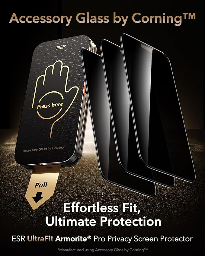 ESR Accessory Glass by Corning™ 3 Pack 9H+ Glass for iPhone 17 Pro Privacy Screen Protector, with AR Anti-Reflective Technology, Military Grade Shatterproof & Durable with UltraFit Tray