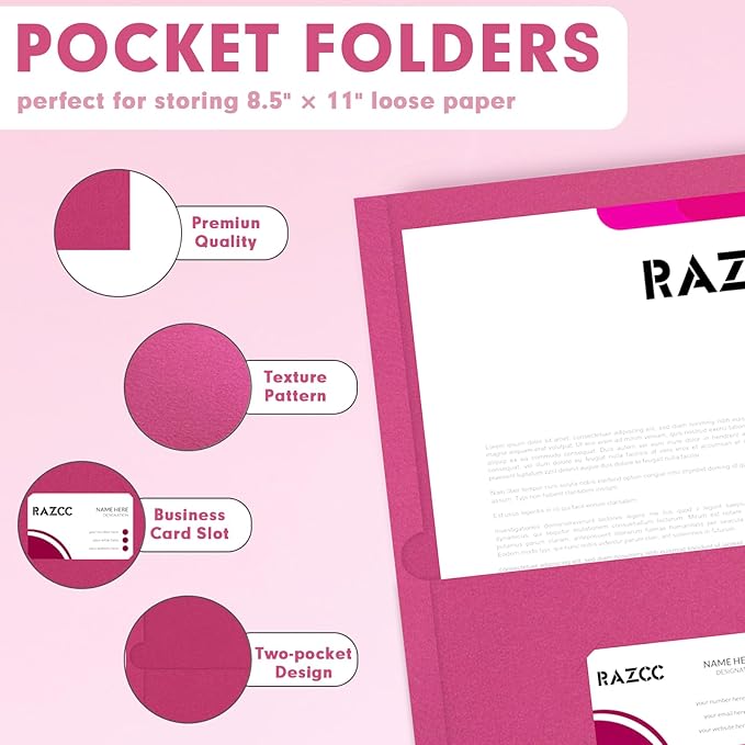 Two Pocket Folders, RAZCC 50 Pack 2 Pocket Folders Fit Letter Size Paper, Paper Folders with Pockets for School Office Business Home (Magenta)