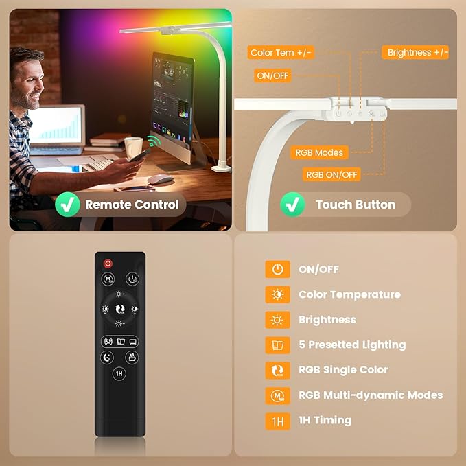 SIBRILLE Upgraded LED Desk Lamp for Home Office with RGB, Rotatable Computer Desk Light with Remote, Eye Caring Table Lamp with Clamp, Dimmable Dual Head Desk Lighting for Desktop, 22W, White