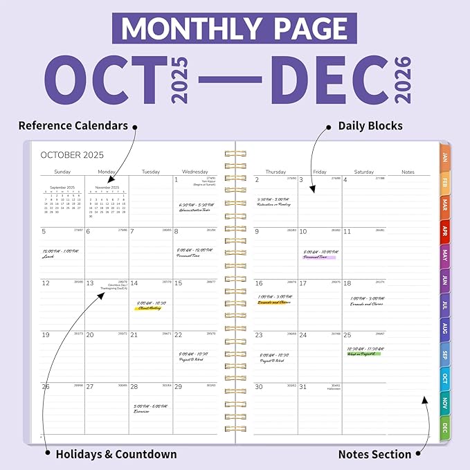 GNL 2026 Planner, Weekly ＆ Monthly Planner 2026, JAN. 2026 – DEC. 2026, 6.4" x 8.3" Monthly Agenda Planner with Tabs, Waterproof Flexible Cover, Spiral Binding, Double-sided Pocket, Bookmark, Purple