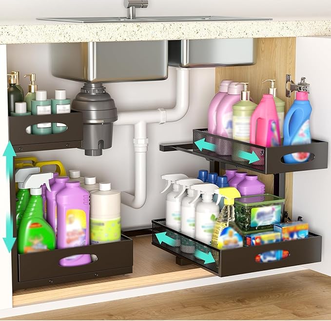 Beleeb Under Sink Organizer, Extra-Wide Upgrade, 2-Pack of 2-Tier Metal Slide Out Cabinet Organizer, Height Adjustable Organization and Storage Series, Bathroom/Cabinet/Kitchen organization, Black