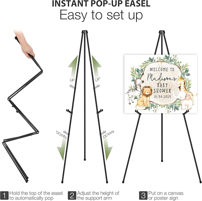 VAIIGO 63" Easel Stand for Wedding Sign Poster Display Easel Floor Adjustable Metal Black Art Easel Instant Folding Tripod Easel for Painting Canvas Wedding Welcome Sign Stand, 1Pack