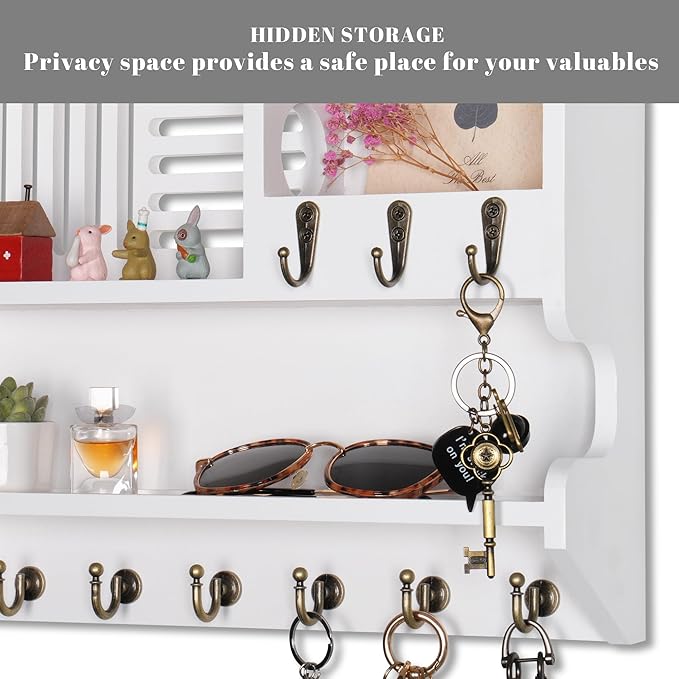 Mutsault Key Holder for Wall, Mail and Key Holder for Home Decor, Key and Mail Holder for Wall with Key Hooks, White