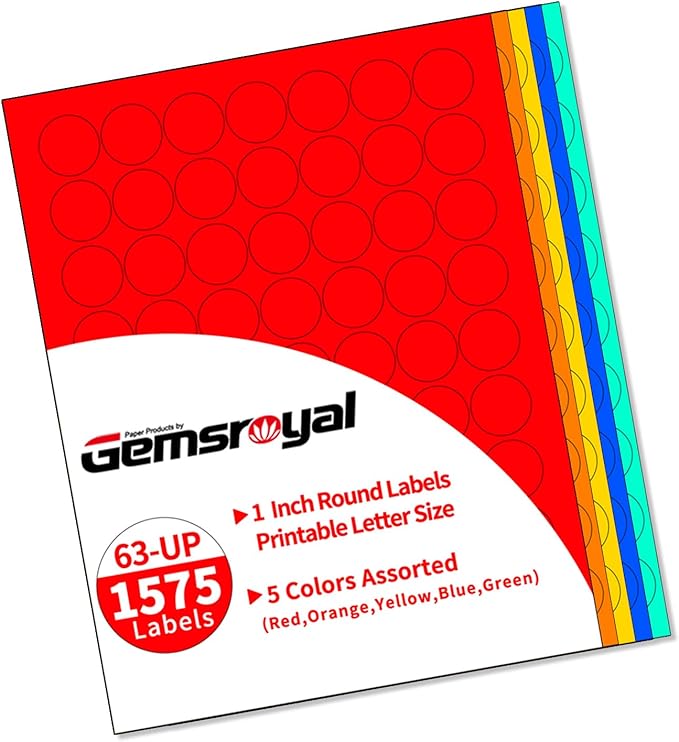 Gemsroyal 1 Inch Colored Round labels Printable,1" Color Neon Circle Labels for Printer,Colorful 1in Small Round Sticker Paper,5 Colors Assorted(Red,Orange,Yellow,Blue,Green),1575 Circle Stickers Pack
