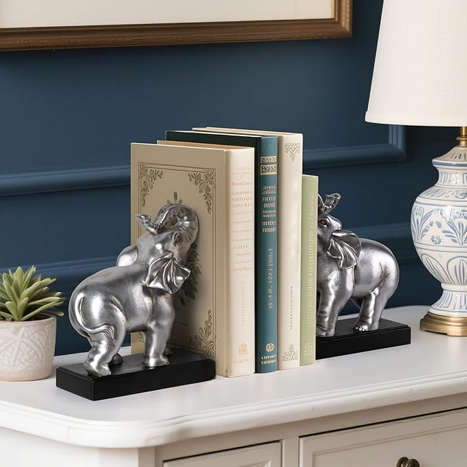 MXARLTR Elephant Book Ends Decorative, Bookends for Shelves, Book Ends for Heavy Books with Anti-Slip Pad for Book Lovers Heavy Book Holder for Home Office Decor (Silver)