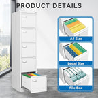 BYNSOE 5 Drawer File Cabinet with Lock Metal Vertical File Cabinet Office Home Vertical File Cabinet for A4 Legal/Letter Size Narrow File Cabinet Locked,Assembly Required (White, 5 Drawers-Vertical)