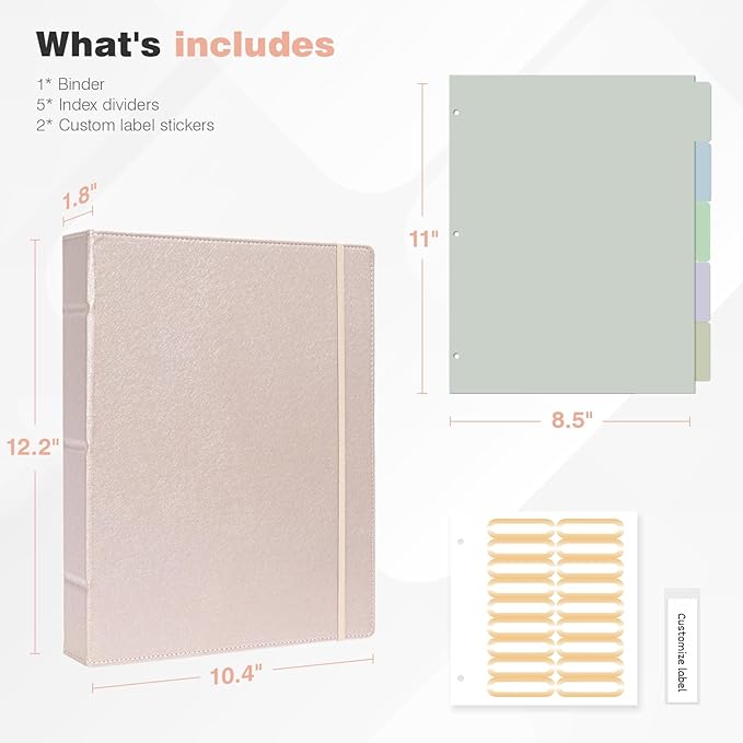 Ospelelf Vintage Hardcover 3 Ring 1 inch Leather Binder, Professional Binders Organizer Suitable for Letter Size Documents, Binder Dividers with Tabs, Faux Rose Gold Leather