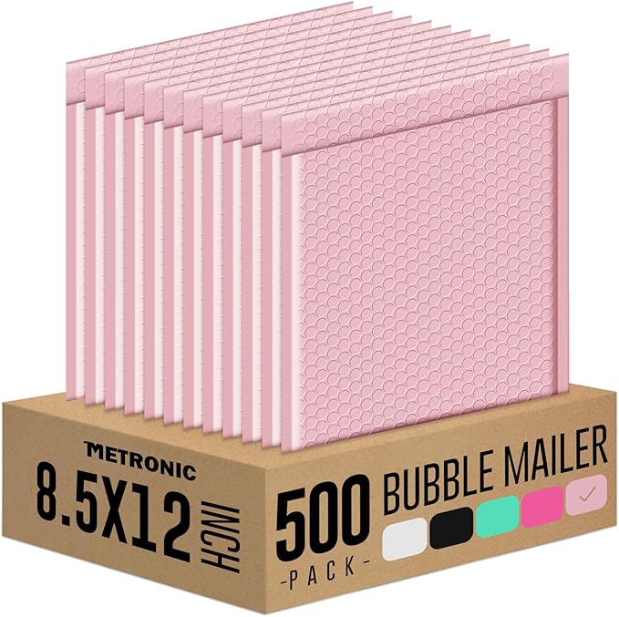 Metronic 500PC Bubble Mailers 8.5X12 Inch Light Pink Waterproof Padded Envelopes,Self-Seal Bubble Mailers Cushioning Bubble Envelopes for Shipping,Jewelry Makeup Supplies, Packaging Bulk