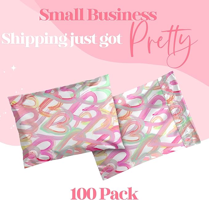Pretty Package Store 10x13 Designer Poly Mailer 100 Pack Heavy Duty Waterproof Self Seal Shipping Bags for Small Business Large Mailing Envelopes Bulk Tear Resistant Cute Packaging Happy Hearts