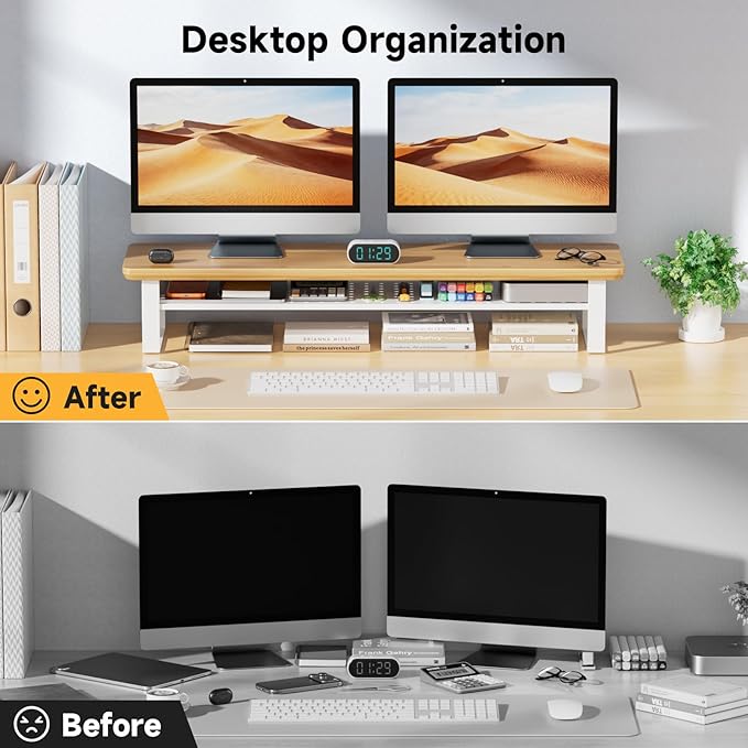 NestNeat Dual Monitor Stand, 35.4 Inch Monitor Stand Riser for 2 Monitors, 2 Tiers Wood Desk Shelf with Storage, Desktop Organizer Stand for Computer, Laptop, Printer, TV (Cherry Wood, 35.4in)
