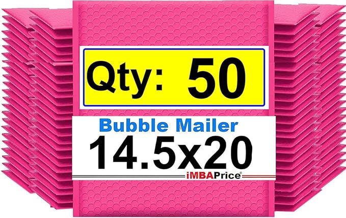 iMBAPrice 14.25x20 Inch Hot Pink Poly Bubble Mailers #7, 50-Pack – Jumbo Self-Seal Padded Envelopes for Large Fragile Items, Waterproof Shipping Bags E-Commerce Packaging