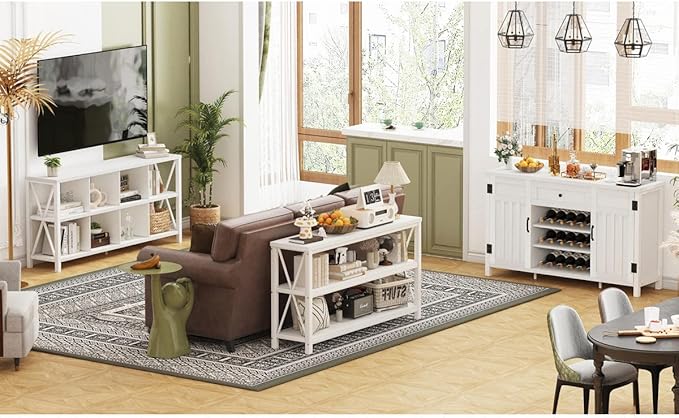 FATORRI 8 Cube Storage Organizer Bookshelf, 62 Inch Rustic Wood Horizontal Bookcase, Industrial Cube Long Book Shelf for Living Room (White Oak)