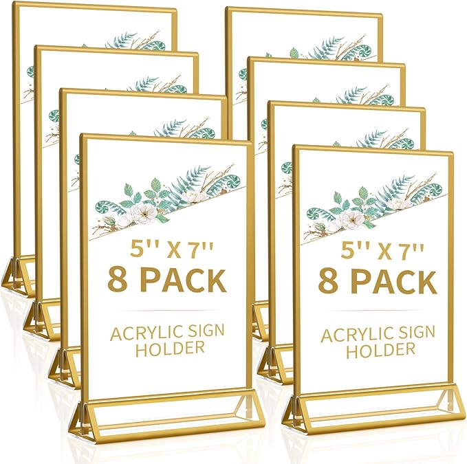 Smarpau Acrylic Gold Sign Holder 5x7,8 Pack Table Number Holders, Double-Sided Display Stand Picture Frames Menu Holder Flyer Stands Photo Holders for Wedding