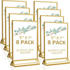 Smarpau Acrylic Gold Sign Holder 5x7,8 Pack Table Number Holders, Double-Sided Display Stand Picture Frames Menu Holder Flyer Stands Photo Holders for Wedding
