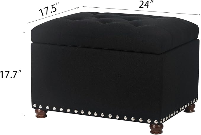 Decent Home Storage Ottoman Fabric Bench 24" Foot Rest Stool with Nailhead Trim for Bedroom Living Room(Black, Fabric)