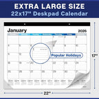 Dunwell 2026 Desk Calendar 22x17 (Blue), 22 x 17 Large Monthly Desk Blotter or Hanging Wall Calendar, Jan–Dec 2026, Lined Daily Blocks, Easy to Read