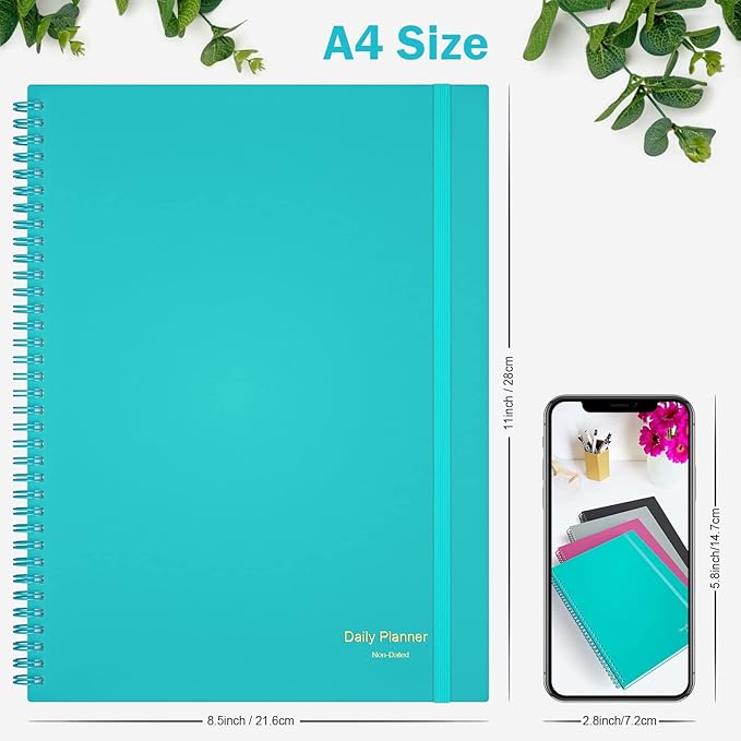 Planner Undated, Asten Daily Planner Agenda with to Do List, Hourly Schedules for Women and Men, Spiral Appointment Book with Elastic Closure, Inner Pocket 8.5" x 11" (Blue)