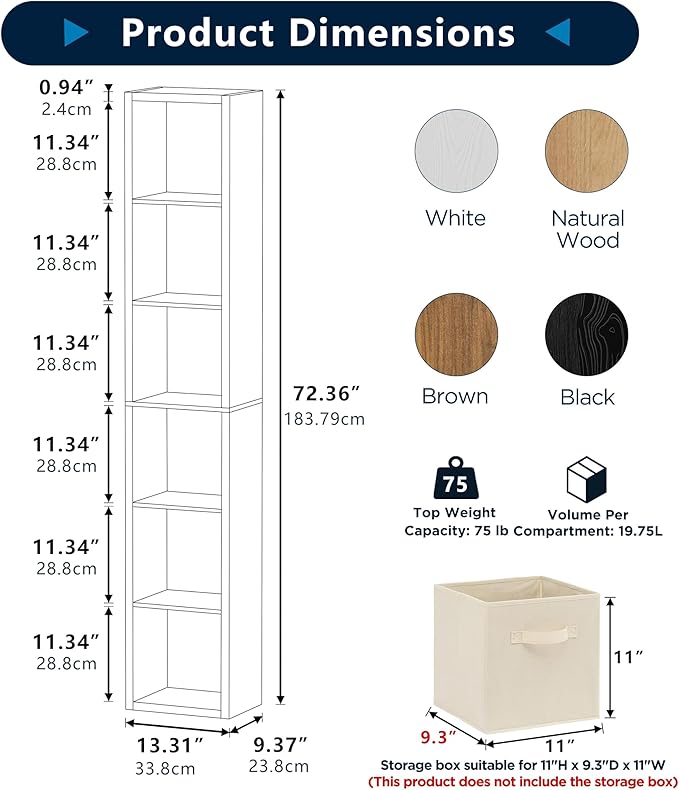 Jpiziso 6 Cube Storage Organizer Single Row, Cube Shelf with Heavy-Duty Thick Boards, 13.31" L x 9.37" W x 72.36" H, Smooth Easy-Clean Panels, Simple Assembly, for Living Room Bedroom Office, White