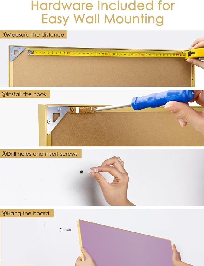 Lightomorrow Bulletin Board 30 x 20 inches, Mystic Violet Pin Board, Golden Aluminum Framed Fabric Cork Board with 10 Push Pins