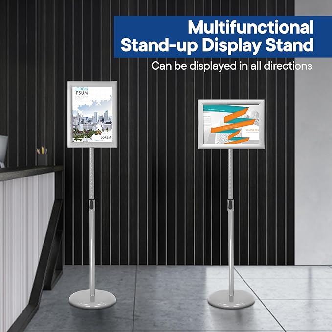 SENZHIYI Adjustable Poster Stand Holder Heavy Duty Snap Open Aluminum Pedestal Floor Standing Sign Holder Vertical and Horizontal View Sign Displayed, 11x17 Silver（2pack