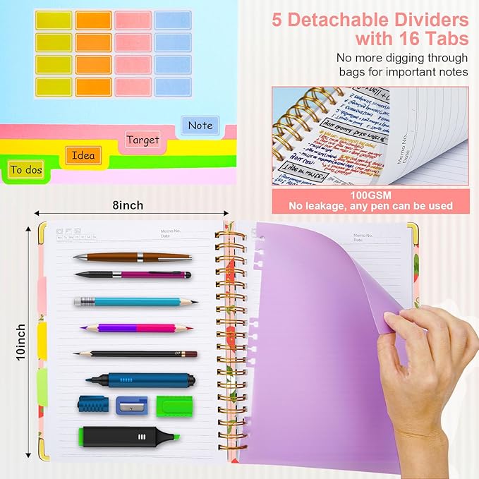 Spiral Journal Notebooks for Work, 300 Pages 5 Subject Notebook College Ruled with Dividers & Tabs, 8''x 10'' Large Notebook Journal for Women Students Note-Taking and Organizer (Pink Strawberry)