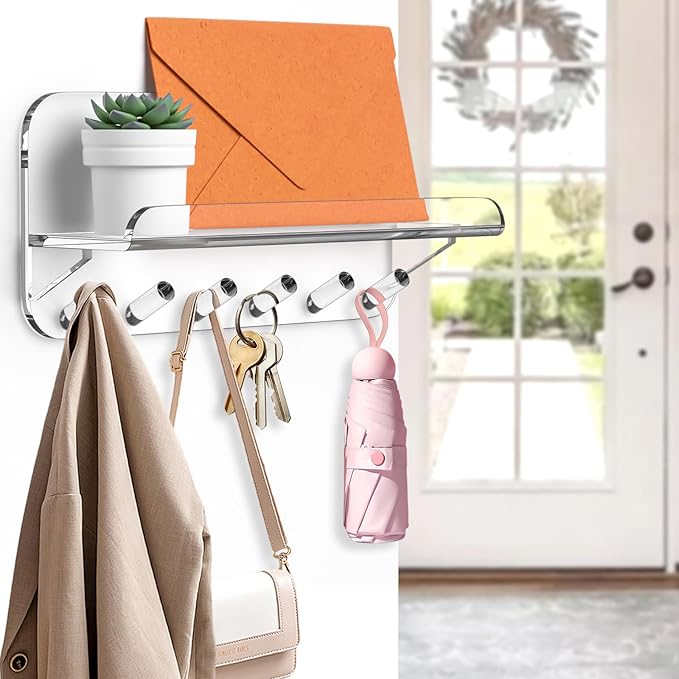 Beego Entryway Key Holder for Wall - Clear Acrylic Key Rack with Shelf Decorative Key Hanger Wall Mount Mail Organizer with 6 Key Hooks for Office Hallway Kitchen Living Room Home Décor