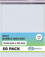 White Extra Large Poly Bubble Mailers 14.25x20 inch #7 | Self Seal Large Padded Envelopes | Air Cushioned Bubble Mailer | Usable Size 14.25x19 Lightweight Mailing Shipping Bags| 50 Pack Bulk |USA Made