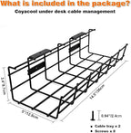 COYACOOL Under Desk Cable Management- 2 Pack Cord Organizer. Metal Wire Cable Management Tray for Office, Studio and Home. Super Sturdy Under Table Cable Management - Black Cable Organizer