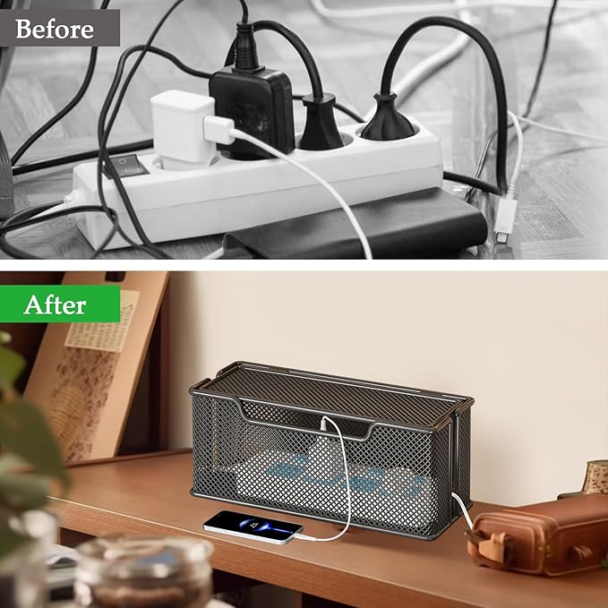 Yomjarl Cable Management Box,Desk Cable Organizer Box,No Installation Wire Cord Box Hider,Metal Mesh Cord Holder for Desk TV Computer USB Hub System to Cover and Hide & Power Strips & Cords