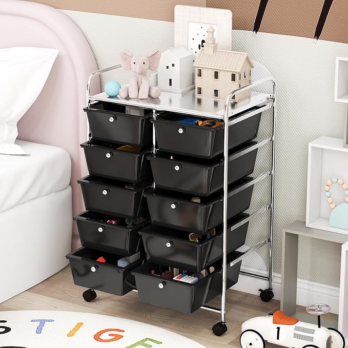 GOFLAME 10-Drawer Rolling Storage Cart, Art Craft Storage Organizer on Wheels, Multipurpose Movable Utility Cart for School, Office and Home, Black
