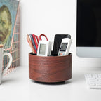 Hennaja Round Leather Art Supply Organizer,Remote Control Holder,360 Degree Spinning,Multi-Functional Pencil Holder,4 Compartments Desktop Stationary Organizer(1-Light Brown2)