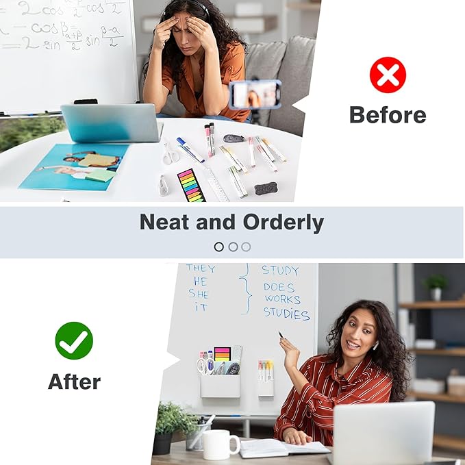 MoKo Magneitc Dry Erase Marker Holder Set, 3-Pack Magnetic Marker Pencil Holder Pen Organizer for Metal & Magnetic Surface, 1 Large with Divider & 2 Small Holders & 1 Dry Eraser, White