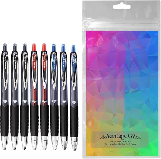 Advantage Gifts Signo 207 Roller Ball Retractable Gel Pens, Medium Point (0.7mm), Black Blue And Red Ink, 8 Count, Bundle with Plastic Reusable Pouch