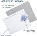 25 Blue Summit Supplies Grey Hanging File Folders Letter Size - Durable 11pt Paper, Hanging File Folders Gray, Plastic Tabs and Inserts Included, Perfect for Office Organization
