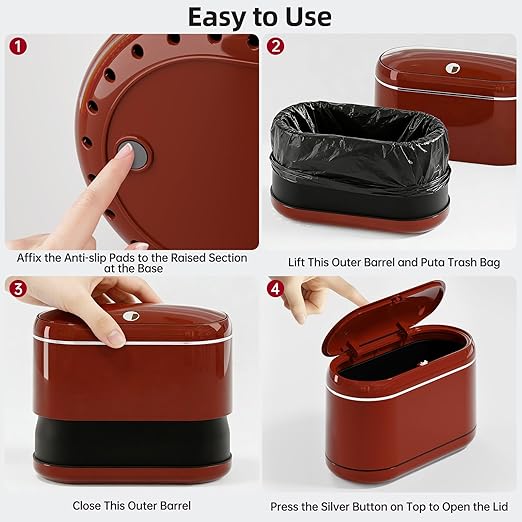 PAVSTINE Mini Trash Can for Desk with 5 Rolls of Trash Bags, Small Press-Top Countertop Garbage Bin, Removable Waste Basket for Bedroom, Vanity, Coffee Table, Kitchen (Red Full-Lid)