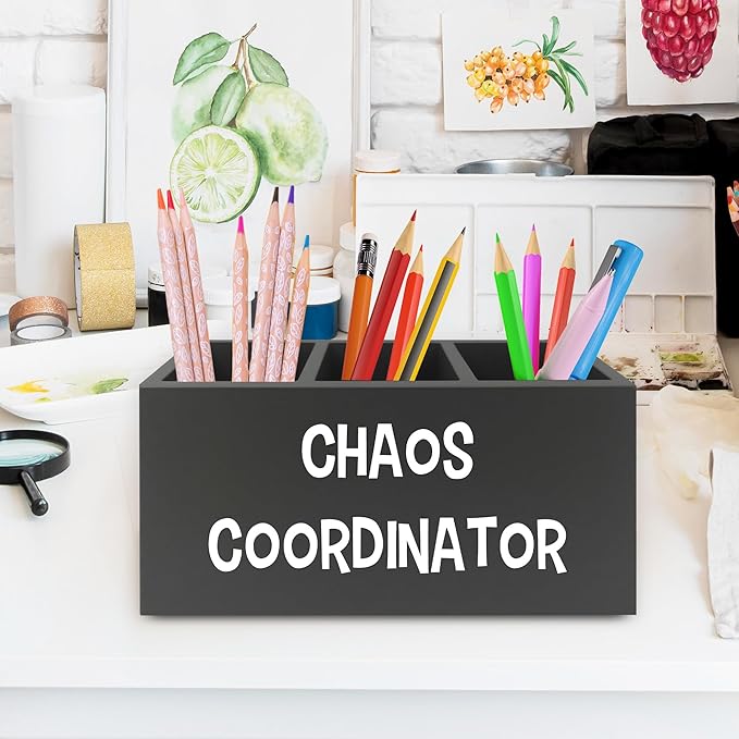 XPH Chaos Coordinator Black Pen Pencil Holder Organizer for Desk, Thank You Gifts for Women Men Coworkers Boss Leader Manager, Appreciation Gifts Wooden Box Sign for Office Tabletop Decorations