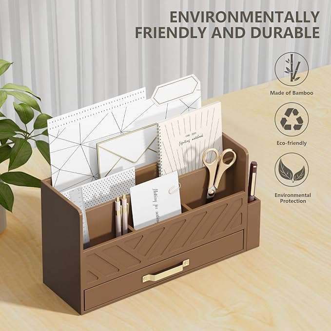 WISUCART Bamboo Desk Organizer Mail Holder Countertop Wood Desk Drawer Tabletop Storage Box Pen Holder Letter Sorter Makeup Organizer for School Home Office Supplies with Pen Holder Brown