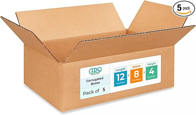 Medium Moving & Shipping Boxes 12 x 8 x 4 inches (5-Pack) - Extra Strength 200 lb vs Regular - Corrugated Boxes for Packaging for USPS - Shipping Box Medium - Cardboard Box by IDL Packaging