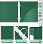 Henoyso 12 Pcs 3 Ring Binder 2 Inch Round Fits Letter Size 8.5'' x 11'' Paper Plastic Flexible Binder Bulk Holds 490 Sheets with 1 Pockets Versatile Organizer for Home Office School (Dark Green)