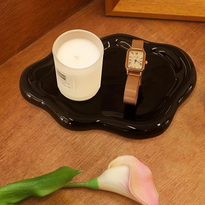 CCINPPY Ceramic Jewelry Tray Trinket Dish, Decorative Cloud Vanity Key Tray for Women, Ring Holder Dish, Cute Jewelry Plate Bowl Room Decor Aesthetic, Black, Large