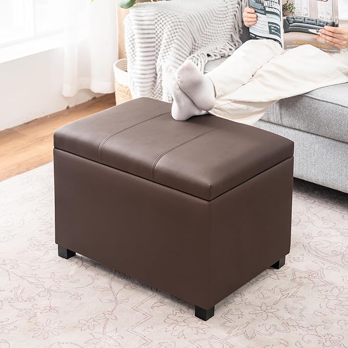 Joveco 24" Leather Storage Ottoman Bench, Rectangle Foot Rest Stool for Living Room, Bedroom, Entryway, Brown