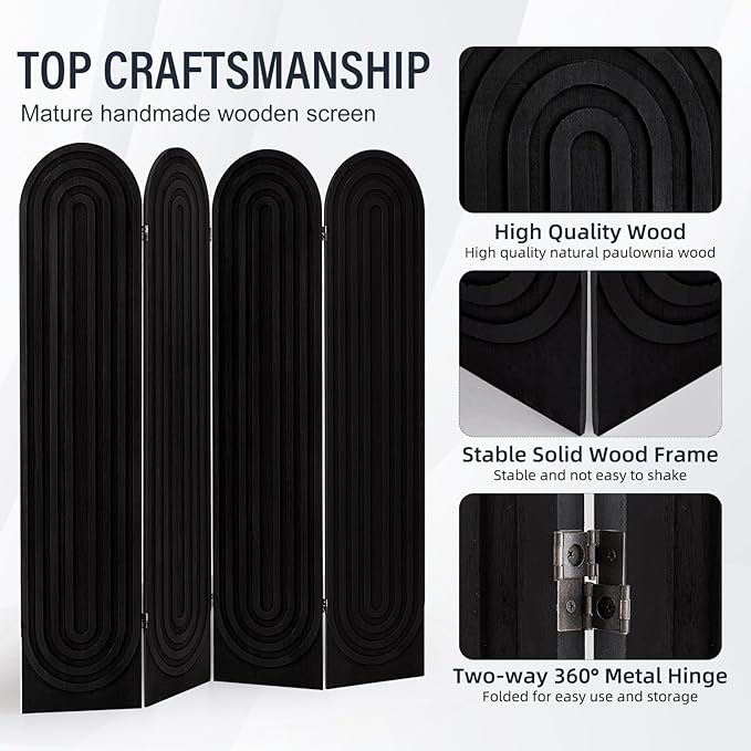 Asnefeli Room Divider and Folding Privacy Screen, 4 Panel Wood Arched Room Divider Wall, Portable Freestanding Partition Screen, Partition Divider for Room Separation for Home Office Bedroom, Black