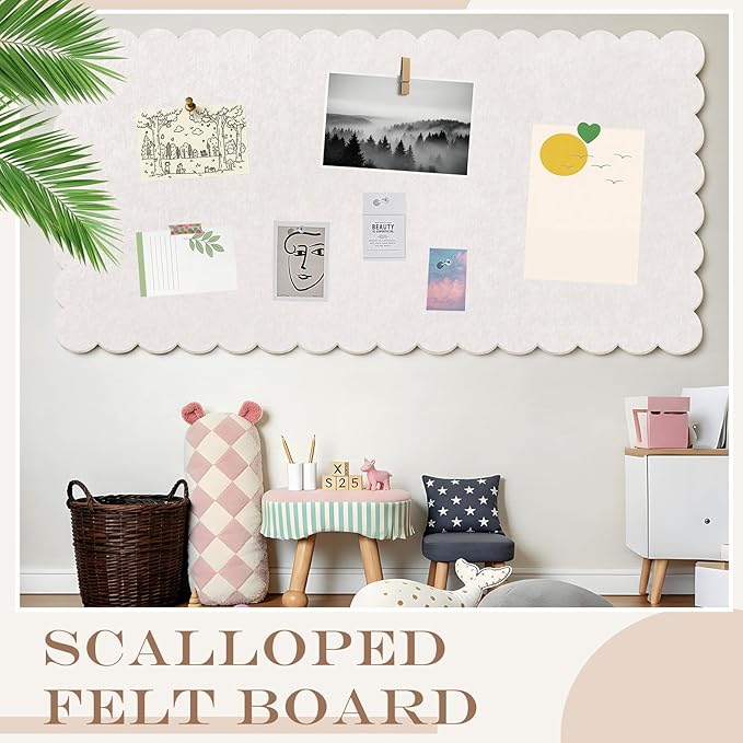 Mooliwe Scalloped Felt Bulletin Board 96 x 48 Inches Foldable Beige Pin Cork Board Alternative for Wall, 8' x 4' Trifold Picture Vision Self Adhesive Bulletin Decorative