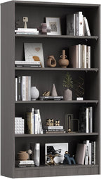 Farini 60 Inch Tall 5-Shelf Bookcase, Wood Bookshelf Storage Organizer Adjustable Shelf for Home Office, Study Room, Easy Assembly,Grey