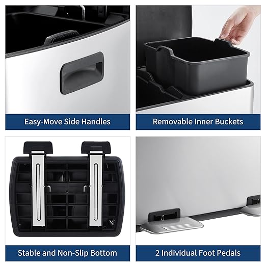 Fashionwu 16-Gallon Dual Compartment Stainless Steel Trash Can – Soft-Close Lids, Foot Pedal, Dual Removable Buckets, Fingerprint-Resistant Recycling Bin for Kitchen, Office & Commercial Use