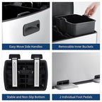 Fashionwu 16-Gallon Dual Compartment Stainless Steel Trash Can – Soft-Close Lids, Foot Pedal, Dual Removable Buckets, Fingerprint-Resistant Recycling Bin for Kitchen, Office & Commercial Use