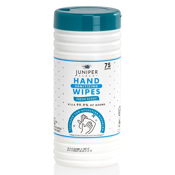 Juniper CLEAN, 4 Pack Hand Sanitizing Wipes, 300 Count Canister Disposable Hand Sanitizer Wipes, Fresh Scent, Lint Free & Durable