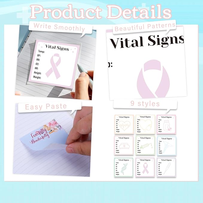 Lovarywow Vital Signs Sticky Notes Gifts, 9 Pack Vitals Notepad 3x3 Inch, Nurse Daily Monitoring Post Memo Pads, Patient Health Checklist Self-Stick Notes Office Hospital Supplies (450 Sheets)
