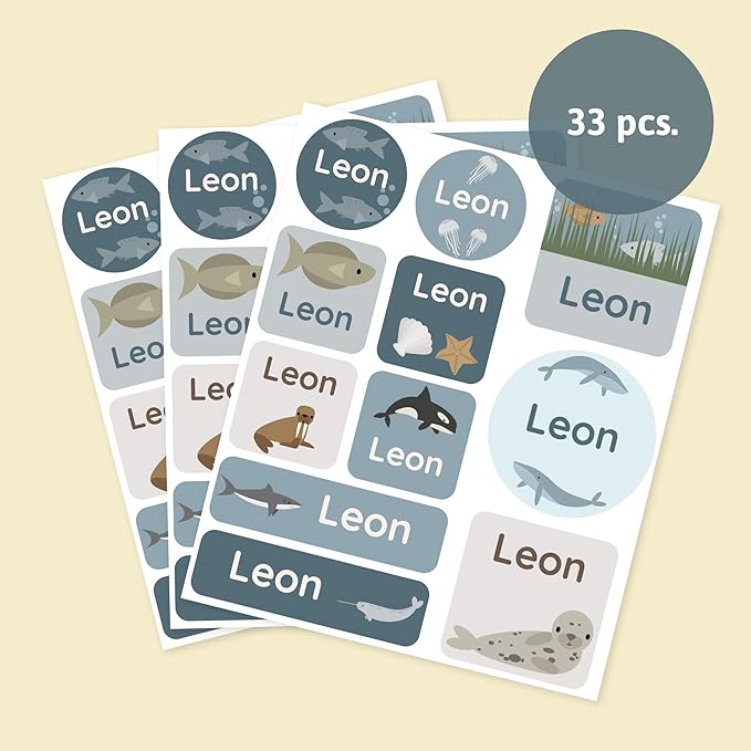 Large Name Labels for Kids (33) - Custom Stickers for Daycare and School Supplies - Durable, Waterproof Stickers for Water Bottles, Lunch Boxes, and More with Unique Designs - The Sea