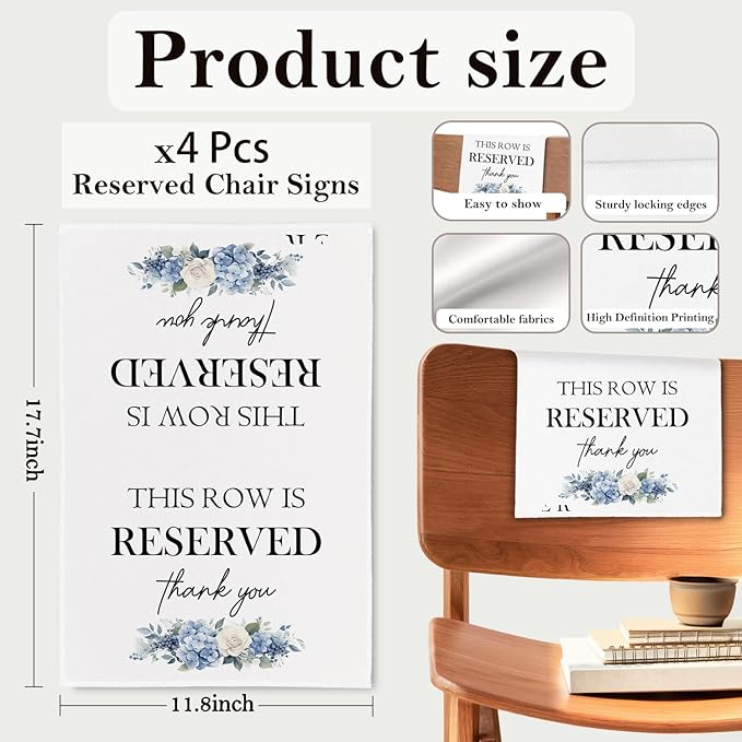 ChissNook Reserved Seating Chair Signs, This Row Is Reserved Pew Cloths Seating Placeholder for Church Pews, Wedding Decorations for Reception Parties Celebrations Event Meetings (Blue Floral, 4 PCS)